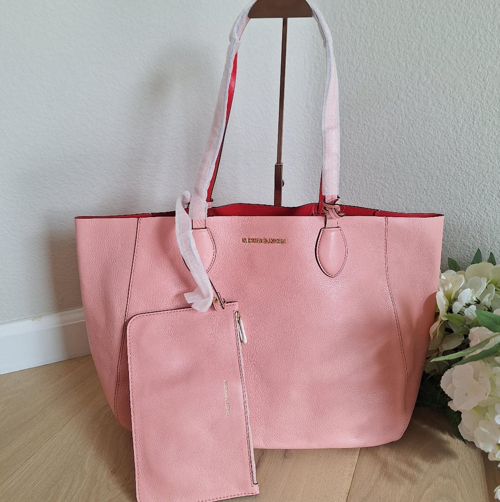 New Michael Kors Mae Large East West Reversible Tote Bag With Pouch Pink/corlrf